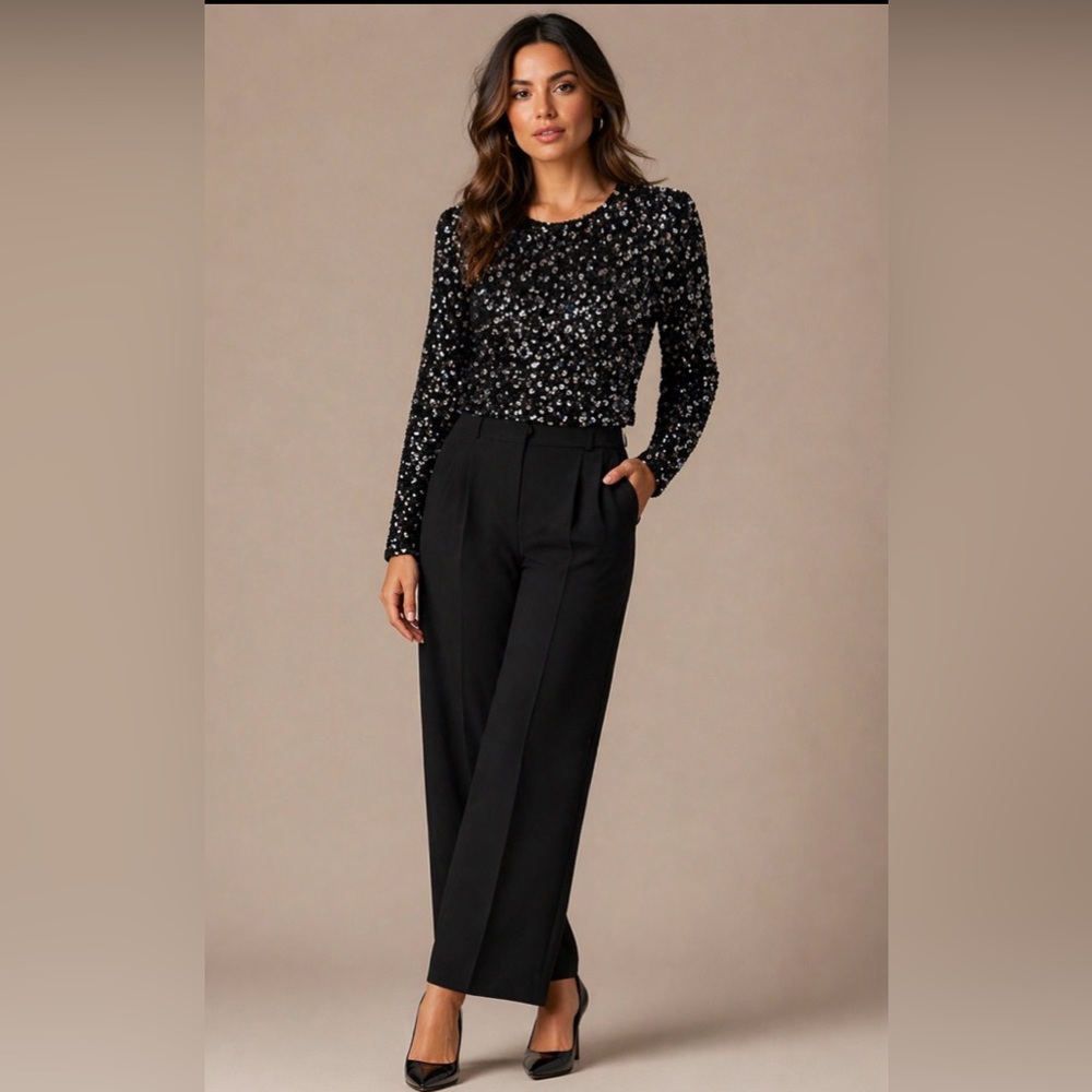 Gap Black Sequin Top Size L Lined Long Sleeve Party Holiday Blouse